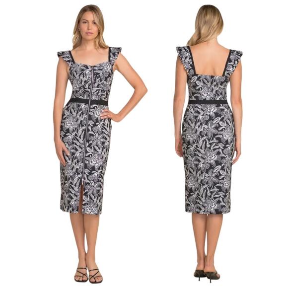 Joseph Ribkoff Zip Front Black White Floral Shift Bodycon Ruffle Dress NEW 10 - Picture 1 of 16